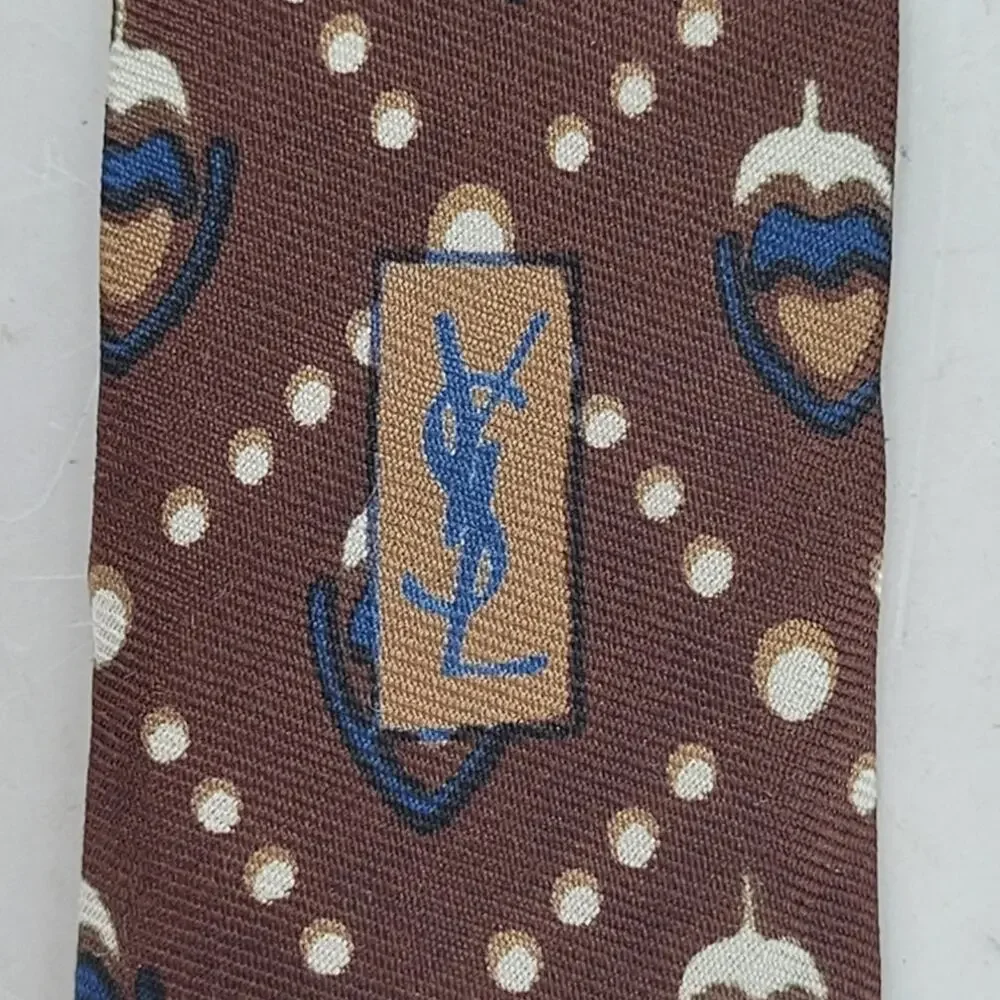 Yves Saint Laurent YSL Vintage Brown Blue Silk Geometric Medallion Tie Preppy